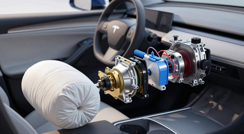 A detailed illustration of an airbag system in a modern car, showcasing an exploded view that highlights the intricate components, such as the airbag, sensors, and wiring. In the foreground, focus on a close-up of the airbag deployed, with a soft, diffused light illuminating its fabric surface. In the middle, display the surrounding mechanics that function in tandem, like the inflation system and crash sensors, arranged to convey a sense of innovation and safety. The background should feature a blurred image of a sleek car interior, hinting at a high-tech design. Use a bright, clean color palette to evoke a sense of safety and advanced engineering, suggesting a reassuring and modern atmosphere. The angle should be slightly above eye level to give depth to the complex system. A detailed illustration of an airbag system in a modern car, showcasing an exploded view that highlights the intricate components, such as the airbag, sensors, and wiring. In the foreground, focus on a close-up of the airbag deployed, with a soft, diffused light illuminating its fabric surface. In the middle, display the surrounding mechanics that function in tandem, like the inflation system and crash sensors, arranged to convey a sense of innovation and safety. The background should feature a blurred image of a sleek car interior, hinting at a high-tech design. Use a bright, clean color palette to evoke a sense of safety and advanced engineering, suggesting a reassuring and modern atmosphere. The angle should be slightly above eye level to give depth to the complex system.