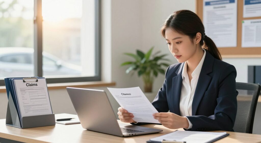 A detailed illustration of the car insurance claim process, set in a well-lit, modern office environment. In the foreground, a professional young woman in smart business attire is seated at a desk, reviewing claim documents on her laptop, with a look of concentration. To her left, a neatly organized folder labeled "Claims" is open, showing various forms. In the middle ground, there's a window showcasing a bright, sunny day outside, with a hint of a parked car visible. The background features a bulletin board with important insurance information pinned up, and a potted plant adding a touch of greenery. The mood is professional yet approachable, emphasizing efficiency and clarity in the claims process. The lighting is warm and inviting, with natural light filtering in. A detailed illustration of the car insurance claim process, set in a well-lit, modern office environment. In the foreground, a professional young woman in smart business attire is seated at a desk, reviewing claim documents on her laptop, with a look of concentration. To her left, a neatly organized folder labeled "Claims" is open, showing various forms. In the middle ground, there's a window showcasing a bright, sunny day outside, with a hint of a parked car visible. The background features a bulletin board with important insurance information pinned up, and a potted plant adding a touch of greenery. The mood is professional yet approachable, emphasizing efficiency and clarity in the claims process. The lighting is warm and inviting, with natural light filtering in.