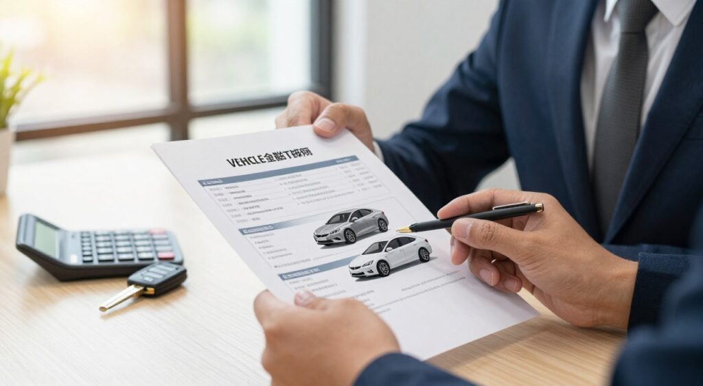 A detailed illustration of vehicle financing loan terms, featuring a close-up of hands examining a financial document with clear outlines of key terms and agreements. In the foreground, a person in professional business attire carefully reviews the paperwork, their focused expression conveying determination and understanding. In the middle, a well-organized table displays a calculator, car keys, and a model car, symbolizing the vehicle financing journey. The background features a softly blurred office space with a large window letting in natural light, creating a warm and hopeful atmosphere. The lighting is bright yet soft, emphasizing clarity and transparency in terms. The overall mood is serious yet optimistic, reflecting the importance of comprehending loan terms for those seeking vehicle financing.