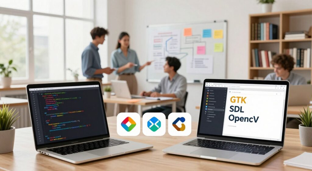 A detailed illustration showcasing popular C programming libraries and frameworks, such as GTK, SDL, and OpenCV, set in a modern workspace. In the foreground, a sleek laptop displaying code snippets related to these libraries, with colorful visual representations of their logos nearby. The middle ground features a collaborative environment with developers in professional attire discussing code, surrounded by notes and flowcharts on a whiteboard. The background includes bookshelves filled with programming books and a large window letting in bright, natural light, creating a productive and inspiring atmosphere. Use a wide-angle perspective to capture the space, with soft, focused lighting that emphasizes the vibrant colors of the library logos, and a warm, inviting mood.