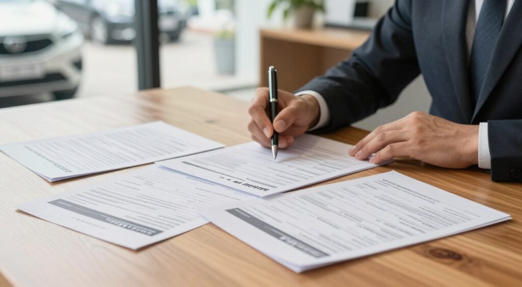 A detailed image of automotive marketplace paperwork spread across a neatly organized wooden desk. The foreground features various documents, such as a vehicle title, bill of sale, and a used car inspection report, all clearly visible. In the middle, a pair of hands dressed in professional business attire grasps a pen poised above a form, indicating action and readiness to complete the transaction. The background shows a softly blurred car dealership setting, with a glimpse of vehicles and a welcoming atmosphere. Soft, natural lighting filters through a nearby window, creating a warm and inviting mood. The scene is captured from a slightly elevated angle, emphasizing the paperwork while highlighting the professionalism of the setting.