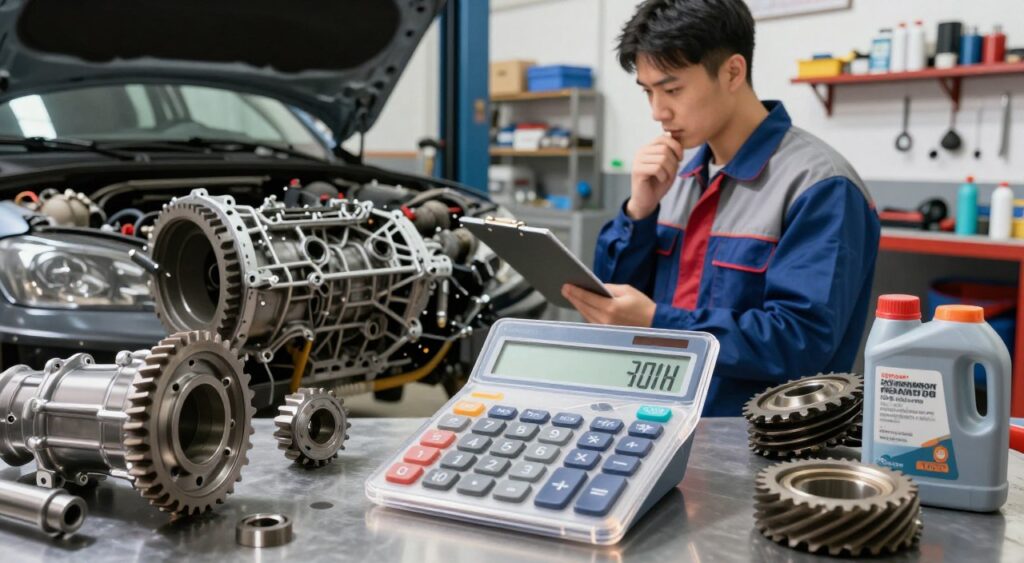 A detailed image showcasing the concept of transmission repair costs. In the foreground, a transparent calculator displays various figures symbolizing repair expenses, surrounded by common transmission parts like gears and fluids. In the middle, a mechanic in professional attire examines a section of a car's transmission, clipboard in hand, looking thoughtfully at a diagnostic report. The background features a well-lit auto repair shop with tools and parts organized on shelves, enhancing the sense of an active workspace. The lighting is bright and even, casting soft shadows to create depth. The atmosphere is one of professionalism and diligence, capturing the essence of the repairs involved in maintaining vehicle health. A detailed image showcasing the concept of transmission repair costs. In the foreground, a transparent calculator displays various figures symbolizing repair expenses, surrounded by common transmission parts like gears and fluids. In the middle, a mechanic in professional attire examines a section of a car's transmission, clipboard in hand, looking thoughtfully at a diagnostic report. The background features a well-lit auto repair shop with tools and parts organized on shelves, enhancing the sense of an active workspace. The lighting is bright and even, casting soft shadows to create depth. The atmosphere is one of professionalism and diligence, capturing the essence of the repairs involved in maintaining vehicle health.