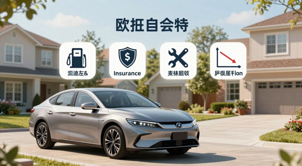 A detailed infographics-style illustration showcasing the financial aspects of owning a mid-size sedan. In the foreground, visualize a sleek, modern mid-size sedan parked on a stylish driveway, emphasizing its refined design. In the middle layer, include floating icons representing various ownership costs: fuel expenses, insurance, maintenance, and depreciation, each symbolized by relevant visuals like a gas pump, a shield, a wrench, and a declining graph. In the background, depict a bright, sunny suburban setting with houses and trees to create a welcoming atmosphere. The scene should be well-lit, mimicking natural sunlight, with a slight depth of field to focus on the sedan and floating icons. Aim for a professional and informative vibe, suitable for an educational context.