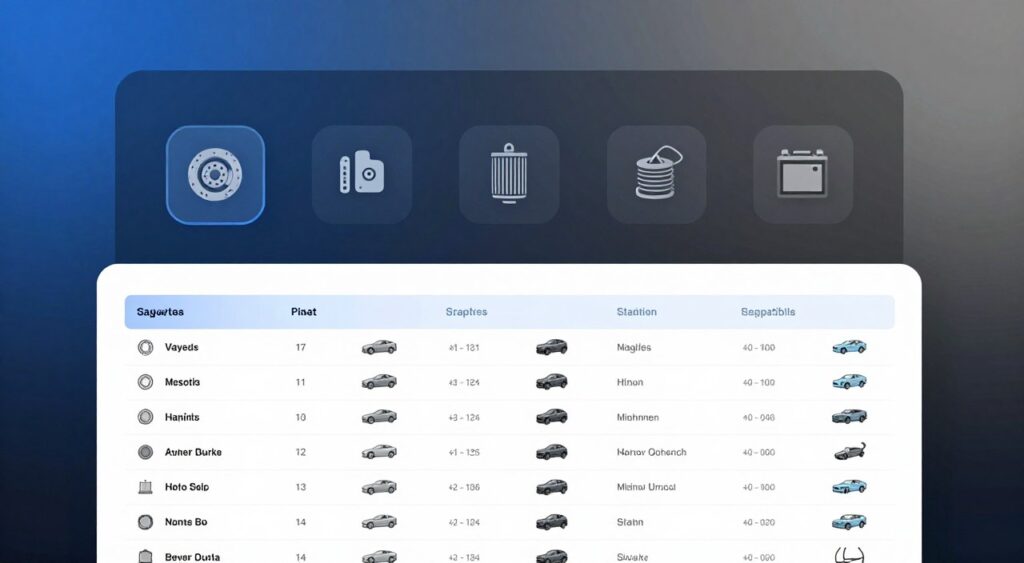 A detailed online automotive parts compatibility chart displayed prominently in the foreground, featuring clear sections highlighting various vehicle makes and models paired with corresponding auto parts. The middle layer includes a sleek, modern interface design with icons representing different parts like brakes, filters, and batteries, creating an organized layout. In the background, a subtle gradient of blue to gray adds depth, hinting at a digital environment. Soft, even lighting casts a professional glow across the chart, enhancing readability without harsh shadows. The mood is informative and inviting, creating a sense of trust and clarity for users seeking the right auto parts.