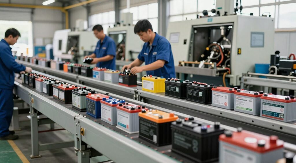 A detailed scene of a car battery recycling facility, with various used batteries being processed on conveyor belts in the foreground, showing distinct labels and battery types. In the middle, workers in professional clothing are carefully handling and inspecting batteries for recycling, ensuring safety and efficiency. The background features large industrial machines designed for separating components, with a bright, well-lit atmosphere emphasizing cleanliness and organization. Natural light filters in through large windows, creating an inviting yet industrious ambience. The image should capture a sense of responsibility towards environmental protection, highlighting the importance of recycling in the automotive industry. Focus on a dynamic angle, giving depth to the scene while ensuring clarity on the process of battery recycling.