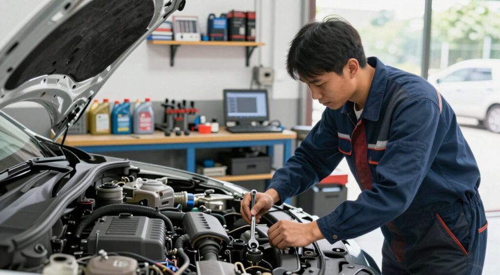 A detailed scene of automotive maintenance in an organized workshop. In the foreground, a skilled mechanic in professional coveralls works diligently on a modern car, using tools like a wrench and diagnostic equipment. The middle ground features well-arranged workbenches with various tools, oil cans, and spare parts. In the background, shelves filled with automotive manuals and equipment add depth. Natural daylight filters through large windows, creating a bright and inviting atmosphere. The setting feels industrious, reflecting the importance of maintaining a vehicle. The angle captures the mechanic’s focused expression and the intricacies of the car's engine, emphasizing precision and expertise in automotive care.