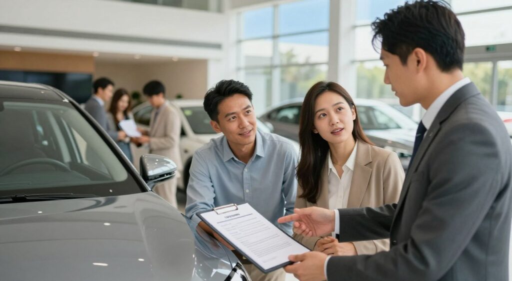 A detailed scene representing the car leasing process in a modern dealership. In the foreground, a professional consultant in business attire is explaining leasing options to a diverse couple, who appear engaged and interested. In the middle, a sleek, contemporary car is showcased prominently, with a lease agreement on a desk beside it. Background elements include a welcoming dealership environment, with other customers browsing cars and a large window revealing a clear blue sky outside. Soft, natural lighting filters through the windows, creating a warm atmosphere. The composition is captured with a medium-angle lens to focus on the interaction between the consultant and the couple, emphasizing the personal touch of the leasing process while keeping the setting professional and inviting.