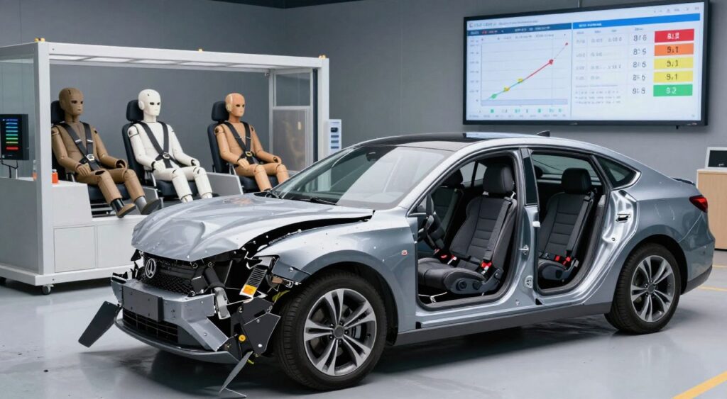 A detailed scene showcasing various car safety features relevant to crash test ratings. In the foreground, a sleek modern car with visible crumple zones, airbags deployed, and advanced seatbelt systems is positioned at an angle to highlight these features. The middle ground features a crash test facility with dummies secured in the vehicle, simulating impact, surrounded by safety equipment. In the background, a large monitor displays crash test data, with charts and graphs on safety ratings. The lighting is bright and clinical, conveying a sense of professionalism, with sharp shadows to enhance the technical details. The atmosphere is serious and research-oriented, emphasizing the importance of car safety in crash test evaluation. No text or logos are present in the image.