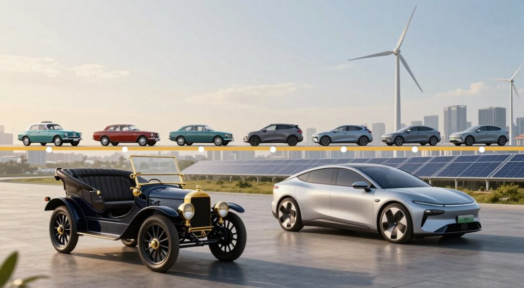 A detailed timeline showcasing the history of electric vehicles, with classic models transitioning into modern designs. In the foreground, an elegant early 1900s electric car, with its sleek body and vintage charm, is parked beside a futuristic electric vehicle. The middle section features a gradient of electric cars through the decades, including a 1960s model and a contemporary design, illustrating technological advancements. The background includes a cityscape with wind turbines and solar panels, symbolizing sustainable energy. Soft, natural lighting illuminates the scene, creating a warm atmosphere. Use a wide-angle lens for a dynamic perspective, emphasizing the evolution from past to present in electric vehicle technology. Ensure that all vehicles are displayed prominently, capturing the essence of innovation and sustainability.