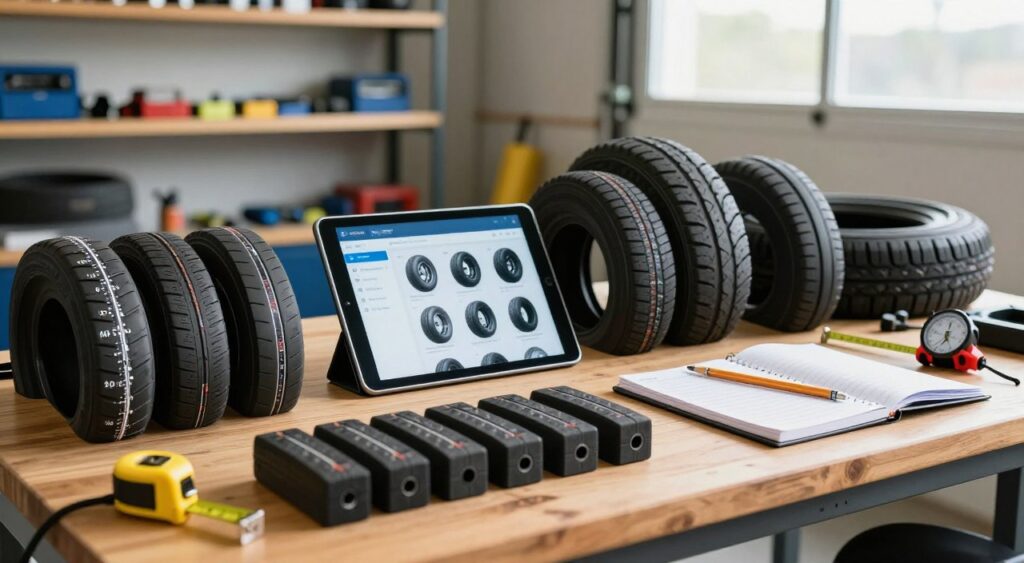 A detailed tire size guide prominently displayed on a wooden workbench in a well-lit garage setting. In the foreground, a close-up of various tire sizes, including markings and measurements, arranged neatly along with a measuring tape and tire gauge. In the middle, an open digital tablet showing a tire selection app with colorful tire options, alongside a pencil and a notebook for jotting down notes. In the background, shelves lined with automotive tools and equipment, softly blurred to keep the focus on the tire sizes. The lighting is bright and natural, suggesting a productive atmosphere, with sunlight streaming through a garage window, creating a sense of clarity and focus on finding the right tire size. A detailed tire size guide prominently displayed on a wooden workbench in a well-lit garage setting. In the foreground, a close-up of various tire sizes, including markings and measurements, arranged neatly along with a measuring tape and tire gauge. In the middle, an open digital tablet showing a tire selection app with colorful tire options, alongside a pencil and a notebook for jotting down notes. In the background, shelves lined with automotive tools and equipment, softly blurred to keep the focus on the tire sizes. The lighting is bright and natural, suggesting a productive atmosphere, with sunlight streaming through a garage window, creating a sense of clarity and focus on finding the right tire size.