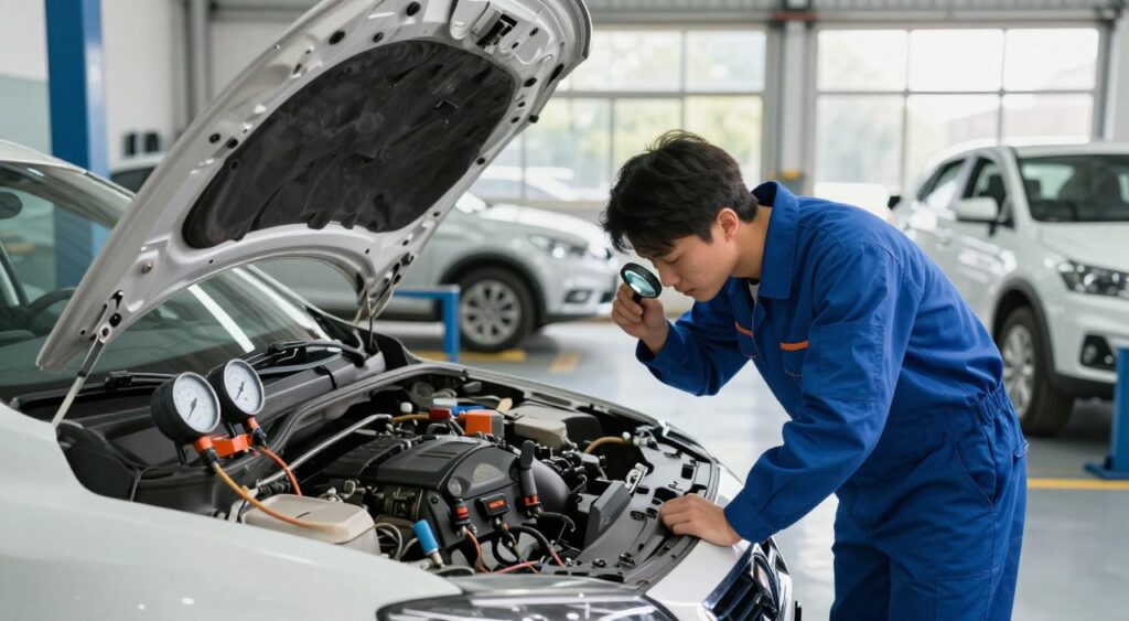 A detailed used car inspection process scene set in a bright, well-lit automotive workshop. In the foreground, a professional mechanic in a blue jumpsuit examines a used sedan with a magnifying glass, focused on the engine area. The middle ground features various car inspection tools like gauges and diagnostic equipment laid out neatly on a workbench. The background showcases an organized garage with additional vehicles on lifts, illuminated by sunlight filtering through large windows, creating a clean and organized atmosphere. The mood conveys diligence and trustworthiness, emphasizing the thoroughness of the inspection that ensures vehicle reliability for customers. Capture this scene in a wide-angle perspective, with soft natural lighting to enhance the professional setting.
