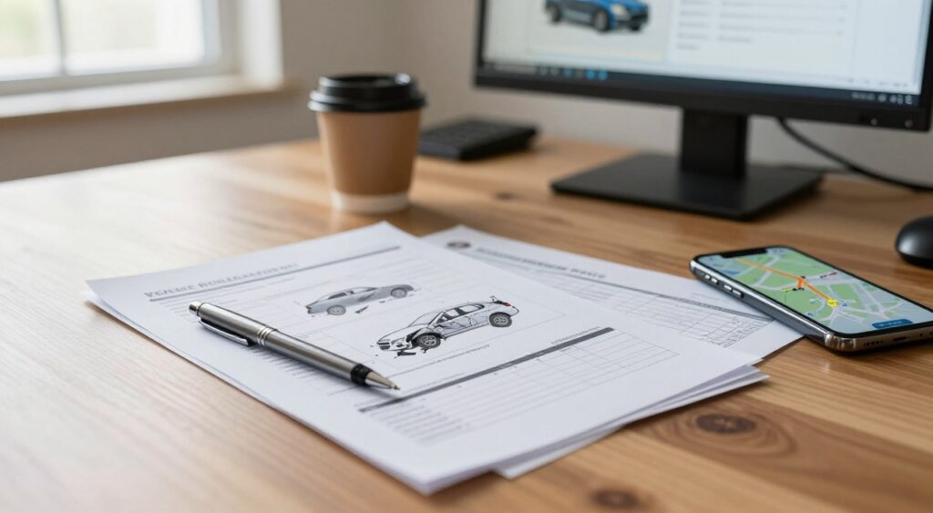 A detailed vehicle accident report spread across a smooth wooden table, with a focus on a multi-page document showing diagrams of vehicle damages and a checklist of incident details. In the foreground, a pen is resting beside the report and a smartphone displays a map with a highlighted route. In the middle, a coffee cup sits next to the report, suggesting a professional atmosphere. The background features a soft-focus workspace with a computer monitor displaying vehicle history data. Natural light streams through a nearby window, casting gentle shadows, creating a serene yet serious mood that invites careful consideration of vehicle history. The camera angle is slightly tilted downwards for emphasis on the report, capturing a sense of investigation and analysis.