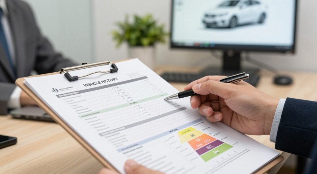 A detailed vehicle history report on a clipboard, prominently displayed in the foreground. The report features sections like ownership history, accident records, and odometer readings, with a colourful infographic illustrating key points. In the middle layer, a pair of hands, dressed in professional business attire, is holding a pen, poised to take notes while examining the report. The background shows a cozy office environment with soft lighting, a potted plant on a desk, and a computer screen displaying a vehicle database. The atmosphere conveys a sense of trust and professionalism, evoking confidence in decisions made regarding vehicle purchases. The image should be well-lit, focusing on the report's details, with a clear depth of field to emphasize the foreground elements while softly blurring the background.