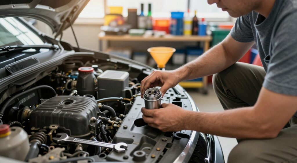 A detailed view of a DIY oil change in a well-lit garage. In the foreground, a person in modest casual clothing is kneeling beside a car, focused on removing the oil filter, surrounded by tools like wrenches and a drain pan. The middle ground features a car on a lift, with a clear view of the engine compartment, while an oil container and funnel are placed nearby. The background includes shelves stocked with automotive supplies and light filtering through a window, creating a warm, inviting atmosphere. The angle is slightly above eye level, capturing both the action and the organized workspace, conveying a sense of productivity and hands-on learning.