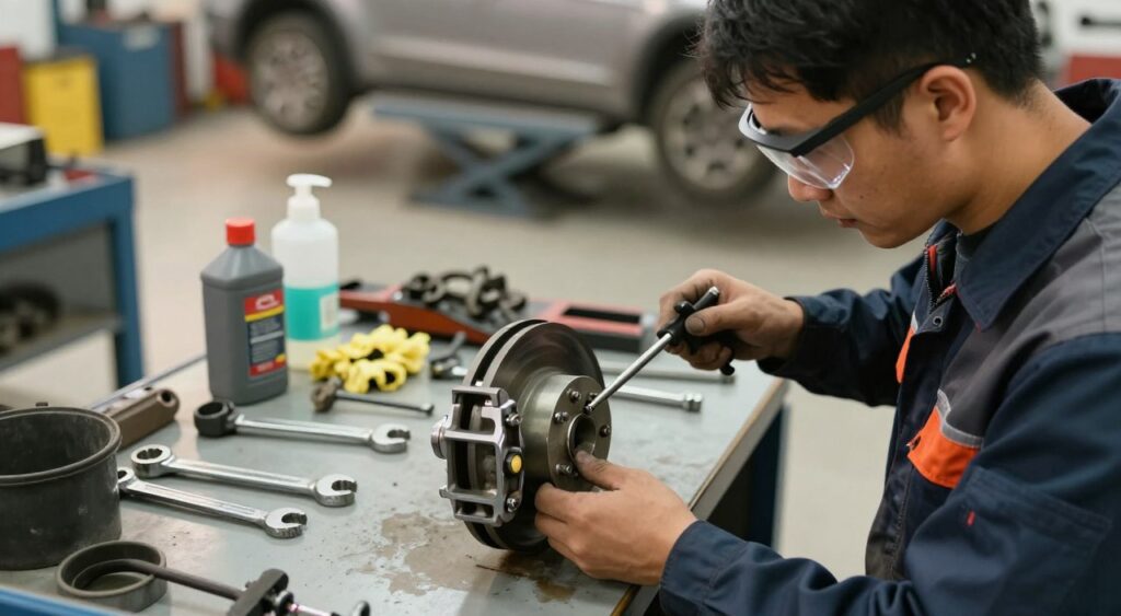 A detailed view of a mechanic performing brake maintenance in a well-lit garage. In the foreground, a focused mechanic, dressed in professional coveralls and safety goggles, inspects a brake rotor with a caliper tool in hand. The middle ground features a workbench cluttered with tools—wrenches, a brake fluid container, and cleaning supplies. In the background, various car parts and a vehicle on a lift highlight the setting, giving a sense of an active workshop. Soft, warm lighting enhances the sense of professionalism and diligence, creating a calm yet industrious atmosphere. The angle is slightly above eye-level, providing a clear view of the mechanic's concentration on the task at hand.