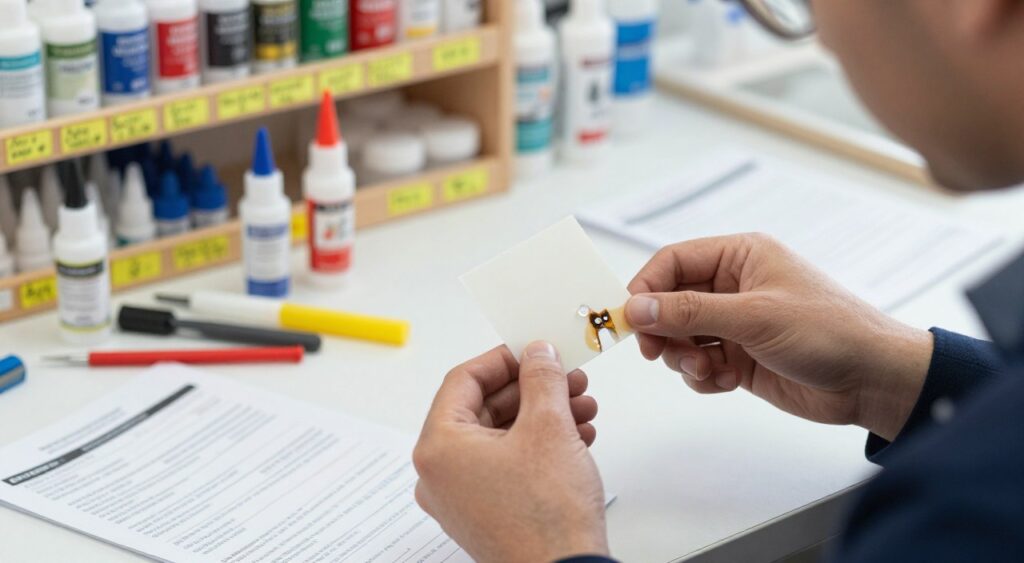 A detailed workshop scene showcasing troubleshooting in adhesive bonding. In the foreground, a pair of hands in professional business attire are holding a sample material with a problematic bond, illustrating issues like bubbling and peeling. In the middle ground, a workbench cluttered with tools such as glue bottles, applicators, and repair manuals, providing a practical troubleshooting environment. The background features shelves filled with diverse adhesive types and color-coded labels, creating an educational feel. Soft, natural lighting illuminates the setup, with a slight focus blur on the background to emphasize the troubleshooting action. The atmosphere is one of concentration and problem-solving, suitable for a DIY or repair environment.