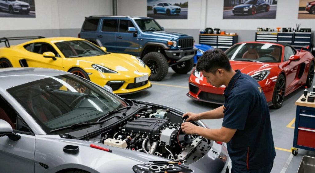 A detailed workshop scene showcasing vehicle customization, with the foreground featuring a mechanic focused on modifying the engine of a sleek, modern sports car. Tools and parts are meticulously organized on a workbench nearby. In the middle ground, an array of cars in various customization stages displays vibrant colors and unique designs, including a lifted SUV with oversized tires and a convertible with a luxury interior. The background features tool cabinets and automotive posters, contributing to the workshop ambiance. Soft overhead lighting illuminates the scene, enhancing the colors and details. The atmosphere is industrious yet inspiring, hinting at creativity and expertise in automotive modifications. The mechanic is dressed in professional work attire, signifying safety and compliance in their craft.