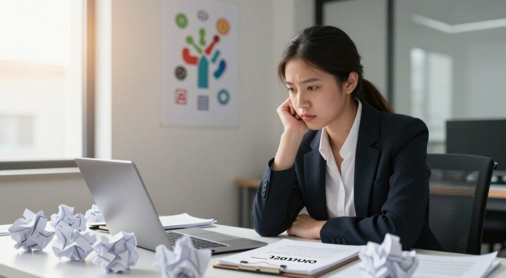 A determined business professional in a modern office, sitting at a desk cluttered with crumpled papers and a laptop, reflecting on a recent failure. The foreground features a focused expression, with a notepad filled with lessons learned from mistakes. In the middle ground, an inspirational poster on the wall displays abstract symbols of growth and resilience. The background shows a bright window with sunlight streaming in, casting a warm glow over the scene, symbolizing a new beginning. Soft shadows enhance the contemplative atmosphere. The composition is captured from a slightly elevated angle, emphasizing both the subject's introspection and the scattered reminders of past failures. The overall mood is reflective yet optimistic, encouraging personal growth through adversity.