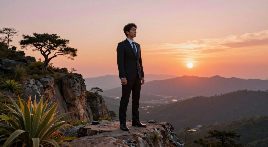 A determined individual standing atop a rocky cliff, symbolizing resilience, in professional business attire. The foreground features the figure gazing confidently into the distance, framed by a dramatic sunset that casts warm hues of orange and pink across the sky. In the middle ground, a rugged landscape with thriving plants and resilient trees showcases nature's strength and survival. The background displays distant mountains under a radiant sun, symbolizing promise and achievement. The lighting is warm, creating an inspirational and hopeful mood, with soft shadows enhancing the rugged terrain. The image evokes a sense of empowerment and fortitude, perfectly embodying the theme of resilience.