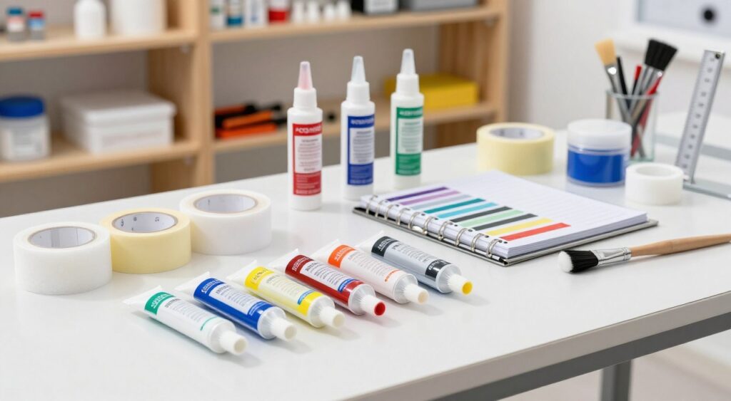 A diverse assortment of bonding materials displayed on a sleek, modern workbench. In the foreground, a set of various adhesive tubes—clear, foam, and epoxy—show the distinct textures and colors. Scattered behind them, rolls of tape and containers of powder adhesives reveal their unique applications. The middle ground features an open binder with color-coded tabs, indicating different materials. A measuring scale and a brush for application lie nearby, illustrating a practical setup. In the background, a well-lit workshop with wooden shelves showcases additional bonding agents and tools. The lighting is bright and even, creating a clean and professional atmosphere. The overall mood is focused and instructive, emphasizing the importance of understanding material compatibility in adhesive bonding.