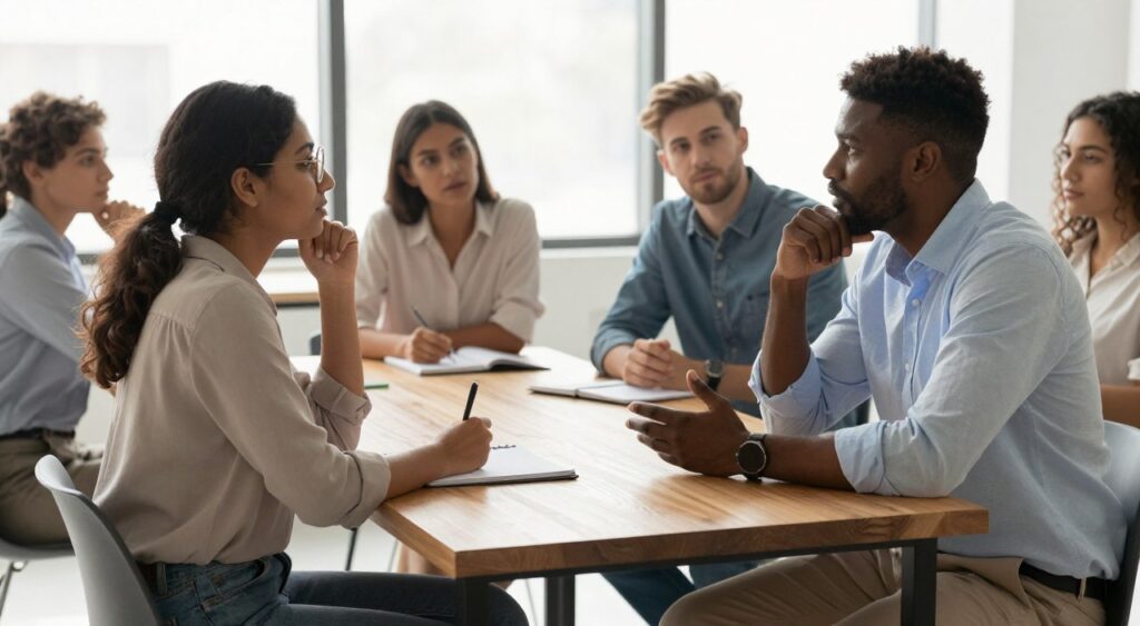 A diverse group of individuals engaged in a deep conversation, seated around a modern wooden table in a bright, airy office space. In the foreground, focus on a South Asian woman in a smart blouse and glasses, actively listening, while an African American man in a crisp shirt gestures thoughtfully. In the middle ground, a Hispanic woman takes notes, and a Caucasian man leans in, fostering collaboration. The background features large windows with natural light flooding in, creating a warm, inviting atmosphere. Soft shadows and reflections are visible on the polished floor, enhancing the serene mood of understanding and connection. The lens captures a close-up angle, emphasizing their expressions of curiosity and empathy, conveying the importance of bridging divides and fostering dialogue. A diverse group of individuals engaged in a deep conversation, seated around a modern wooden table in a bright, airy office space. In the foreground, focus on a South Asian woman in a smart blouse and glasses, actively listening, while an African American man in a crisp shirt gestures thoughtfully. In the middle ground, a Hispanic woman takes notes, and a Caucasian man leans in, fostering collaboration. The background features large windows with natural light flooding in, creating a warm, inviting atmosphere. Soft shadows and reflections are visible on the polished floor, enhancing the serene mood of understanding and connection. The lens captures a close-up angle, emphasizing their expressions of curiosity and empathy, conveying the importance of bridging divides and fostering dialogue.