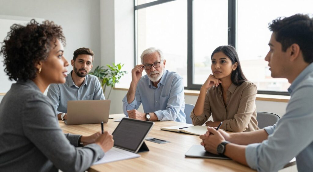 A diverse group of individuals engaged in a thoughtful discussion, seated around a modern conference table. In the foreground, a middle-aged Black woman in professional attire is animatedly presenting her ideas, while a young Hispanic man listens intently, taking notes on a tablet. In the middle ground, an elderly Caucasian man adjusts his glasses, contemplating the discourse, and a South Asian woman thoughtfully leans forward, contributing insights. The background shows a bright, open office space with large windows allowing natural light to stream in, creating a warm and inviting atmosphere. The setting conveys a sense of collaboration and mutual understanding. The image is captured from a slightly elevated angle, focusing on their expressions, highlighting the mood of curiosity and engagement in exploring different perspectives. A diverse group of individuals engaged in a thoughtful discussion, seated around a modern conference table. In the foreground, a middle-aged Black woman in professional attire is animatedly presenting her ideas, while a young Hispanic man listens intently, taking notes on a tablet. In the middle ground, an elderly Caucasian man adjusts his glasses, contemplating the discourse, and a South Asian woman thoughtfully leans forward, contributing insights. The background shows a bright, open office space with large windows allowing natural light to stream in, creating a warm and inviting atmosphere. The setting conveys a sense of collaboration and mutual understanding. The image is captured from a slightly elevated angle, focusing on their expressions, highlighting the mood of curiosity and engagement in exploring different perspectives.
