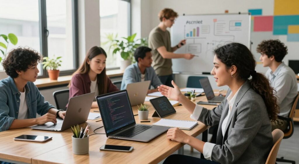 A diverse group of individuals sitting in a bright, modern co-working space, deeply engaged in a collaborative coding session. In the foreground, a woman in professional business attire gestures enthusiastically at a laptop screen, while a man beside her takes notes on a tablet. In the middle, a supportive atmosphere is enhanced by others discussing strategies around a whiteboard filled with coding concepts and diagrams. In the background, large windows let in natural light, illuminating potted plants and a vibrant, tech-inspired decor. The mood is one of camaraderie and support, emphasizing teamwork and community as they work together to solve problems. The angle captures the dynamic interaction and connection among team members, evoking a sense of motivation and belonging.
