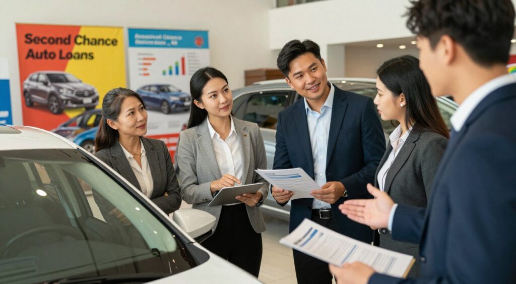 A diverse group of people in professional business attire is gathered at an auto dealership, reviewing various vehicles and paperwork related to second chance auto loans. In the foreground, a middle-aged woman with a hopeful expression looks at a sleek sedan, a salesperson gestures positively, emphasizing trust. In the middle, a young couple discusses financing options with a friendly loan officer, who points to a chart showing improved approval chances. The background features colorful banners promoting "Second Chance Auto Loans" with vehicles and financial diagrams. The lighting is warm and inviting, creating an optimistic atmosphere, while the angle is a slightly elevated viewpoint, allowing for a comprehensive view of the dealership scene.