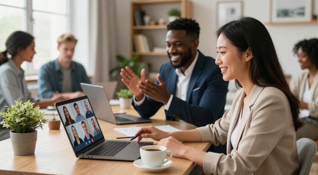 A diverse group of professionals engaged in virtual networking within a cozy, modern home office setting. In the foreground, a woman of Asian descent wears smart casual attire, speaking into a laptop with a warm smile. Beside her, a Black man in a tailored suit gestures enthusiastically while participating in a video call. In the middle ground, an elegant desk with potted plants and a coffee mug, complemented by a soft-focus view of an open laptop screen displaying multiple participants engaged in conversation. The background features bright, natural light streaming through a window, illuminating bookshelves and artwork, creating a productive and inviting atmosphere. The mood is collaborative and inspiring, highlighting the essence of remote professional development.
