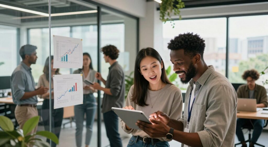 A diverse group of professionals in a modern office setting, engaged in dynamic collaboration, showcasing adaptability. In the foreground, a woman of Asian descent and a man of African descent work together over a digital tablet, exchanging ideas excitedly. In the middle ground, a brainstorming session is underway, with charts and graphs displayed on glass walls, representing change and innovation. The background features an open-space office with lush greenery, large windows, and city views that convey a sense of growth and opportunity. Soft, natural lighting illuminates the scene, creating a warm and inviting atmosphere. The lens focuses on the interactions, capturing expressions of enthusiasm and determination, reinforcing the spirit of embracing change in modern life.