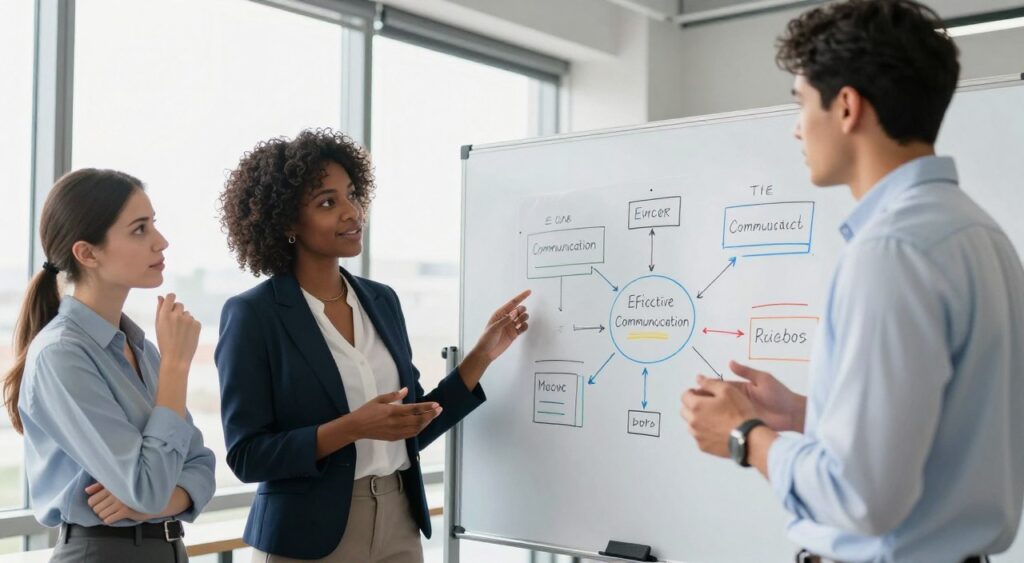 A diverse group of three professionals engaged in a dynamic discussion in a modern office setting. In the foreground, a confident Black woman in a tailored blazer confidently presents her ideas, while a Hispanic man in a smart shirt nods in agreement. Beside them, a Caucasian woman gestures thoughtfully, signifying understanding. In the middle, a large whiteboard filled with colorful diagrams illustrates key points of effective communication. The background features floor-to-ceiling windows allowing natural light to flood the room, creating an inviting atmosphere. The mood is collaborative and energetic, highlighting the success achieved through effective communication skills. The angle is slightly elevated, providing a clear view of the interaction, emphasizing the importance of teamwork in professional settings.
