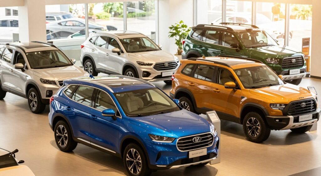 A diverse selection of SUVs displayed prominently in a dealership setting, showcasing options suitable for various lifestyles. In the foreground, a sleek, modern SUV in vibrant blue, with its glossy surface reflecting ambient light, flanked by a rugged off-road SUV in earthy tones. In the middle ground, a compact, city-friendly SUV in silver, and a family-sized SUV in deep green, both under warm, inviting showroom lighting. The background features a bright, airy dealership interior with large windows, allowing natural light to flood in, creating a welcoming atmosphere. The composition captures a sense of excitement for SUV buyers, with a hint of adventure and practicality. The scene is devoid of any text or branding elements.