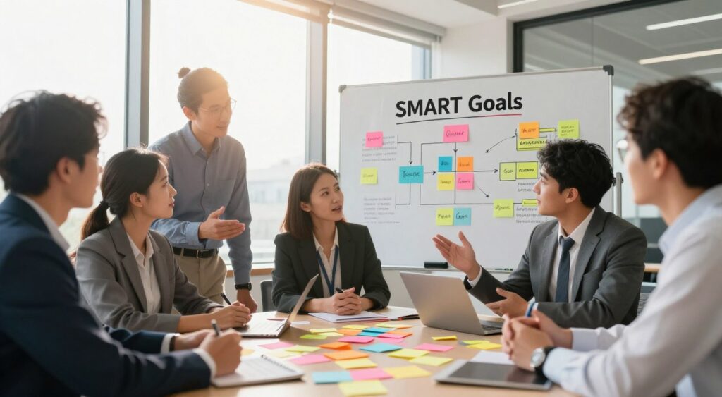 A dynamic and inspirational scene illustrating "SMART Goals" in a modern office environment. In the foreground, a diverse group of professionals, dressed in smart business attire, engaged in an animated discussion around a large table covered with colorful sticky notes, each representing specific, measurable, attainable, relevant, and time-bound goals. In the middle, a large whiteboard filled with goal-setting diagrams and flowcharts, highlighting the SMART framework. In the background, a large window with sunlight streaming in, casting a warm glow over the room, symbolizing clarity and motivation. The mood is uplifting and focused, emphasizing teamwork and productivity, with a shallow depth of field to draw attention to the individuals and their creative process.