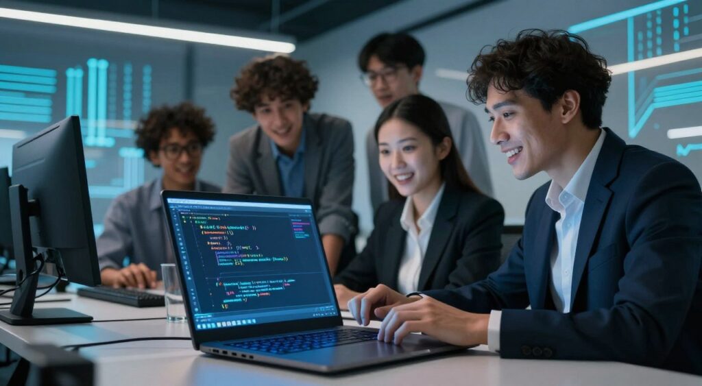 A dynamic and vibrant representation of the C programming language, showcasing a futuristic computer workstation at the forefront. In the foreground, a sleek laptop with glowing code snippets and symbols like ‘#include’, ‘main()’, and intricate algorithms populating the screen. The middle ground features a diverse group of professional programmers, dressed in smart business attire, collaborating over the laptop, their expressions reflecting concentration and excitement. The background includes a modern office space with abstract representations of data flow and binary code as wall art, illuminated by soft, ambient lighting enhancing the tech-savvy atmosphere. The overall mood is inspiring and innovative, capturing the essence of C’s vital role in modern programming.