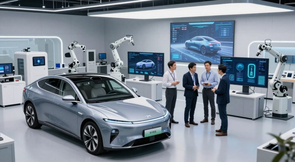 A dynamic automotive environment showcasing the latest technology trends in the automotive sector. In the foreground, a sleek electric vehicle is prominently displayed, showcasing its futuristic design with illuminated LED accents. The middle ground features engineers and designers in professional attire engaged in collaborative discussions, surrounded by digital screens displaying data, autonomous driving interfaces, and electric charging visuals. The background is an expansive, modern workshop filled with advanced machinery, robotics, and holographic displays of automotive innovations. The lighting is bright and futuristic, casting a clean, inviting atmosphere that reflects innovation and progress, captured with a wide-angle lens to emphasize depth and technological sophistication.