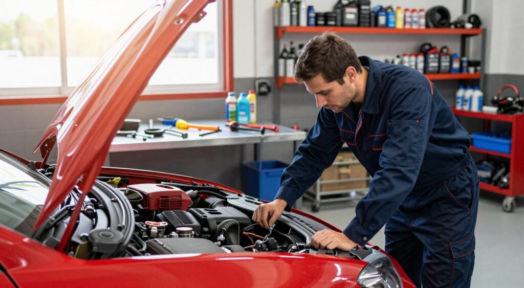 A dynamic automotive maintenance scene in a well-lit garage. In the foreground, a mechanic in a clean, dark blue jumpsuit is intently inspecting the engine of a sporty red car, tools scattered nearby. The mechanic has a focused expression, showcasing the precision of performance maintenance. In the middle, a polished steel workbench holds various automotive tools, highlighting a commitment to peak performance. The background features shelves filled with car parts and fluids, and a large window allows natural light to filter in, illuminating the scene with a warm glow. The atmosphere is one of professionalism and dedication, emphasizing the importance of regular maintenance for optimal car performance. Capture this from a slightly elevated angle to convey depth and engage the viewer.