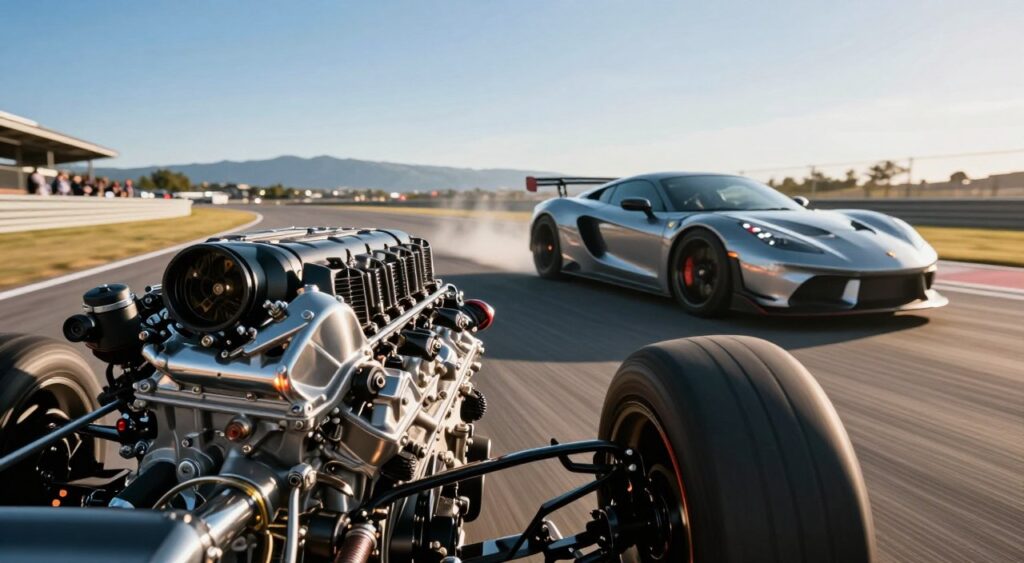 A dynamic automotive scene capturing the essence of engine performance. In the foreground, a close-up of a high-performance car engine with glistening metallic parts, intricate details, and glowing LED lights, showcasing cutting-edge technology. The middle ground features a sleek sports car speeding on a racetrack, with tires gripping the asphalt as it accelerates, leaving behind a slight blur to indicate motion. The background includes a sun-drenched racetrack, with blurred spectators and distant mountains under a clear blue sky. The scene is bathed in warm afternoon sunlight, creating a vibrant and energetic atmosphere. The camera angle is slightly low, emphasizing speed and power, with a focus on the engine and the car to symbolize acceleration and optimal performance.