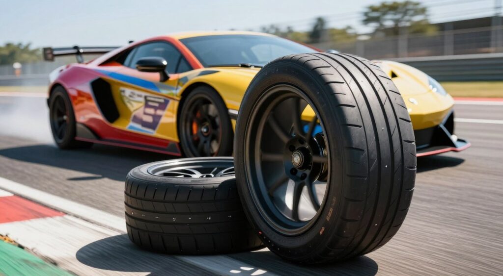 A dynamic automotive scene showcasing a close-up view of high-performance tires designed for acceleration. In the foreground, highlight a set of sleek, modern tires mounted on an aerodynamic racing rim, emphasizing their tread pattern and composition. The middle ground features a stylish sports car, angled to display its aggressive stance, with vibrant colors reflecting speed and power. In the background, a blurred racetrack stretches into the distance under bright sunlight, enhancing the sense of motion. Use a wide-angle lens to capture an immersive perspective, ensuring vivid colors and sharp details. The atmosphere should feel energetic and exhilarating, capturing the essence of high-speed performance and the importance of tire selection for optimal acceleration.