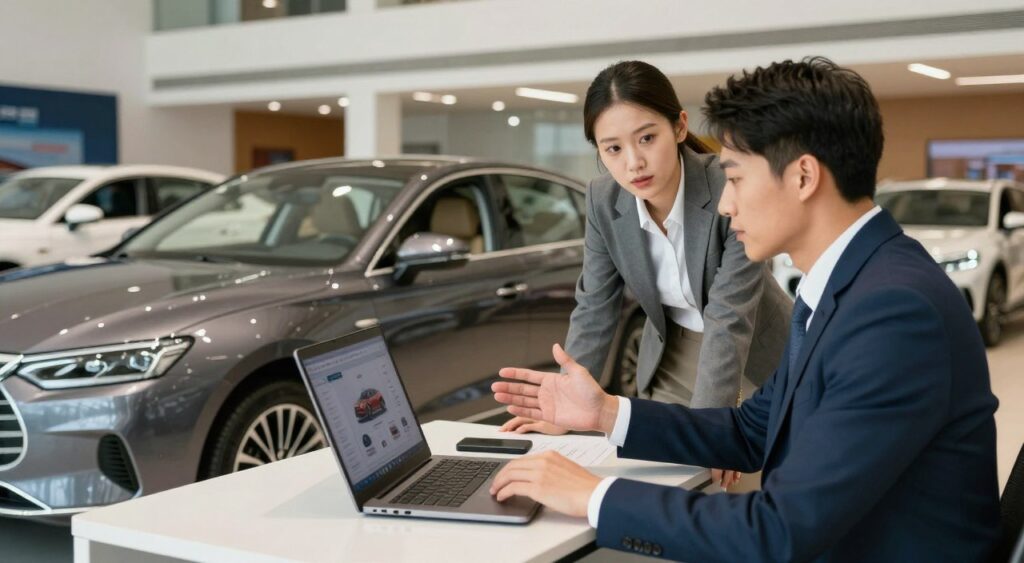 A dynamic car negotiation scene set inside a modern automotive dealership. In the foreground, a confident car salesman in a smart suit is sitting at a sleek desk, gesturing towards a laptop displaying car options. Opposite him, a potential buyer in casual business attire leans forward, showing interest, with a focused expression. In the middle ground, a shiny sedan is prominently displayed, its polished surface reflecting the dealership's bright overhead lights, creating an inviting atmosphere. The background features other cars and dealership signage, hinting at a bustling environment. The warm, professional lighting sets a positive mood, while a wide-angle perspective captures the action and details of this engaging negotiation process.