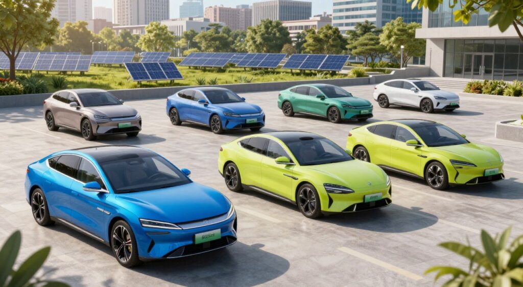 A dynamic composition featuring a variety of popular hybrid car models parked in a well-lit, modern urban setting. In the foreground, showcase three distinct hybrid vehicles, highlighting their sleek designs and energy-efficient features, such as aerodynamic shapes and vibrant colors like electric blue and lime green. The middle ground should include subtle branding elements, emphasizing each model's unique identity. In the background, a bustling cityscape can be seen, with green spaces and solar panels to reflect an eco-friendly atmosphere. Soft sunlight filters through the trees, casting playful shadows, while the overall mood conveys innovation and sustainability. The perspective should be slightly elevated, looking down at the scene to capture both the cars and the urban environment. The image should be clear and vibrant, free of any text or watermarks. A dynamic composition featuring a variety of popular hybrid car models parked in a well-lit, modern urban setting. In the foreground, showcase three distinct hybrid vehicles, highlighting their sleek designs and energy-efficient features, such as aerodynamic shapes and vibrant colors like electric blue and lime green. The middle ground should include subtle branding elements, emphasizing each model's unique identity. In the background, a bustling cityscape can be seen, with green spaces and solar panels to reflect an eco-friendly atmosphere. Soft sunlight filters through the trees, casting playful shadows, while the overall mood conveys innovation and sustainability. The perspective should be slightly elevated, looking down at the scene to capture both the cars and the urban environment. The image should be clear and vibrant, free of any text or watermarks.