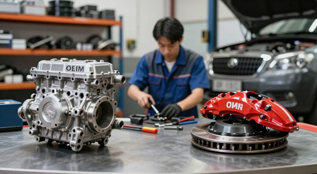 A dynamic composition showcasing a split view of OEM (Original Equipment Manufacturer) parts on one side and aftermarket auto parts on the other. In the foreground, feature a shiny, authentic OEM part like an engine component, elegantly labeled with a subtle emblem, revealing its high-quality finish. On the opposite side, display a colorful aftermarket part, such as a performance brake, with a sporty design. In the middle ground, include a mechanic's workspace with tools and a vehicle being serviced, providing context. The background should have a blurred garage setting filled with car parts and shelving for a realistic atmosphere. Use bright, well-diffused lighting to emphasize details and create a professional, informative mood, with a slight vignette to draw focus to the parts.