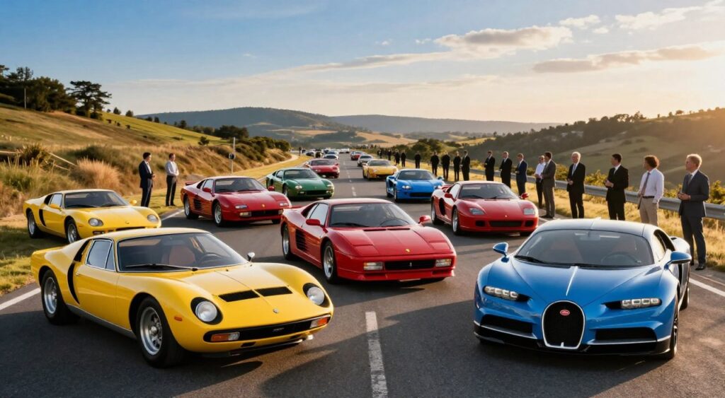 A dynamic composition showcasing the evolution of exotic sports cars through the decades, arranged chronologically from the 1960s to the 2020s. In the foreground, feature iconic models like the Lamborghini Miura, Ferrari Testarossa, and modern hypercars like the Bugatti Chiron, each in stunning detail, with their vibrant colors and distinct designs. In the middle ground, a stylish road stretches into the distance, lined with silhouettes of car enthusiasts admiring the vehicles, dressed in professional business attire. The background features a scenic landscape with rolling hills and azure skies, illuminated by soft, golden hour lighting that casts dramatic shadows. Capture a sense of nostalgia and excitement, reflecting the passion for high-performance sports cars throughout the years.