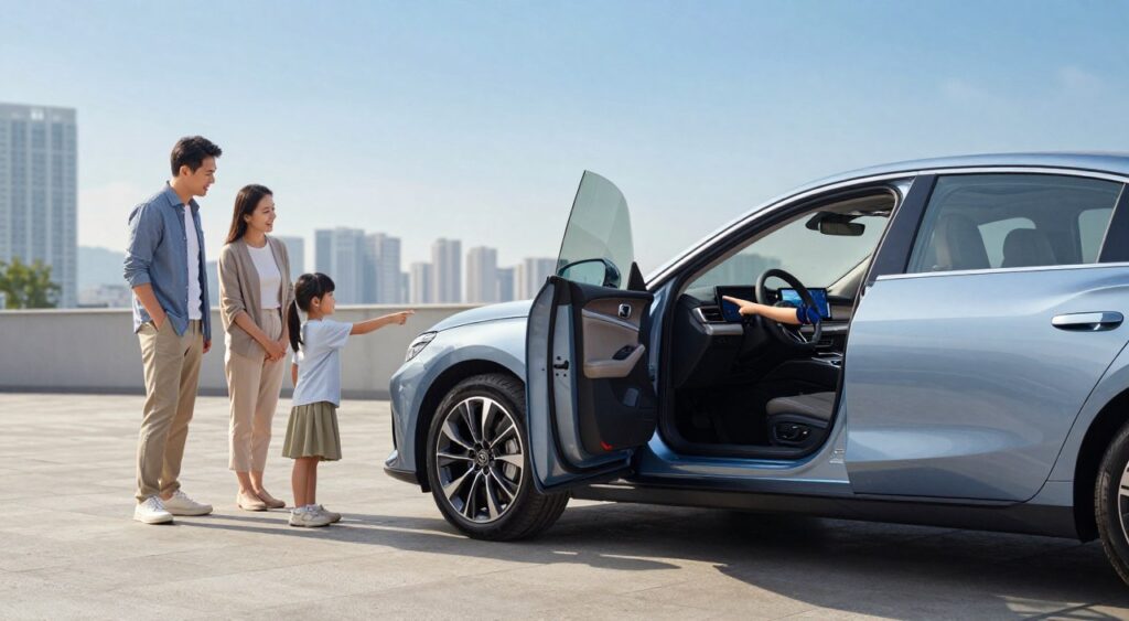 A dynamic image showcasing a top-rated mid-size sedan in a modern urban environment, emphasizing its advanced safety features. In the foreground, the sedan is parked, with a focus on its sleek design, featuring highlighted elements like airbags, collision sensors, and reinforced frame. In the middle ground, a family is interacting with the car, portraying a dad in business casual attire and mom in modest clothing, both pointing at the car’s safety dashboard. The background shows a soft-focus urban skyline, with clear blue skies indicating a bright, safe day. The lighting is bright, casting clean reflections on the car's surface, enhancing its safety technology appeal. The overall mood is reassuring and family-oriented, highlighting safety and reliability for families.