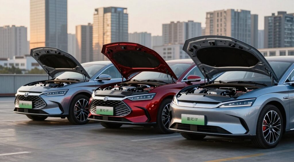 A dynamic mid-size car comparison scene featuring three sleek sedans side by side, each showcasing a different engine option: hybrid, gasoline, and electric. In the foreground, the cars reflect polished surfaces with metallic finishes; vivid colors highlight their distinctive designs. The middle section displays detailed engine hoods slightly ajar, inviting viewers to glimpse the innovative technology beneath. The background features a blurred urban landscape, suggesting a modern city environment, with skyscrapers softly illuminated by golden hour sunlight. The angle captures the cars from a low perspective, enhancing their stature and sporty appearance. The mood is professional and informative, focusing on performance insights and advancements in automotive engineering, devoid of any text or annotations.