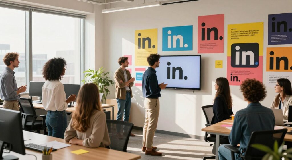 A dynamic office environment showcasing brand messaging examples effectively utilizing the word "in." In the foreground, a diverse group of professionals—two women and a man—are engaged in a brainstorming session, dressed in smart business attire. The middle area features colorful, eye-catching posters and digital displays highlighting various brands and their creative uses of "in" within slogans and graphics. The background is a bright, modern workspace with large windows allowing natural light to pour in, casting soft shadows and creating a warm atmosphere. Use a wide-angle lens to capture the excitement and collaboration, with a focus on the playful yet professional mood in the room. No text or logos should be visible; the emphasis is solely on the visual elements of effective brand messaging.