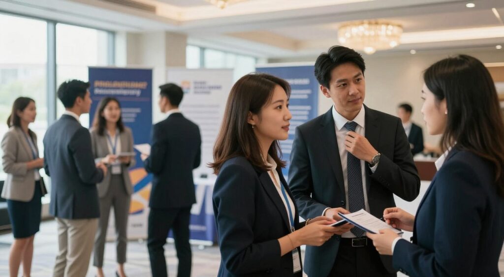 A dynamic scene depicting a diverse group of professionals engaged in networking at a modern business conference. In the foreground, two women in business attire are exchanging contact information, while a man adjusts his tie, observing them with interest. The middle ground features additional attendees chatting, some standing together in small clusters, conveying a sense of camaraderie and collaboration. The background showcases a bright, well-lit conference hall with banners and elegant decor emphasizing professionalism. Soft natural light filters through large windows, creating an inviting atmosphere. The camera angle captures a slight upward tilt, emphasizing the energy and ambition of the networking event, with a focus on genuine connections being formed.