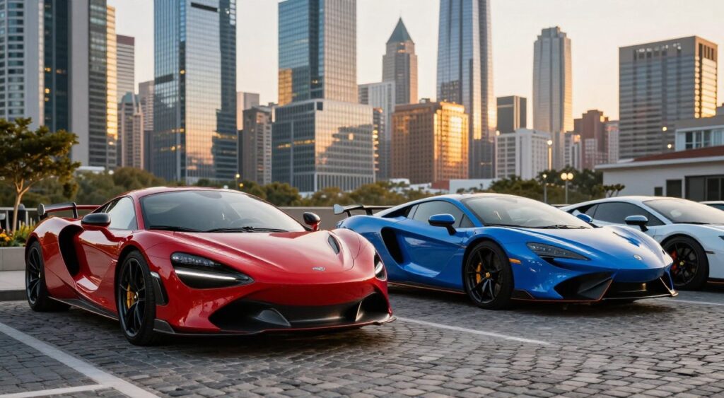A dynamic scene featuring a collection of high-performance sports cars from 2023 in a luxurious urban setting. In the foreground, showcase a sleek and modern sports car with a shiny red exterior, detailed reflections glistening under the sunlight. Next to it, a blue sports coupe with aerodynamic lines and aggressive stance, all positioned on a polished cobblestone street. In the middle ground, a backdrop of a skyline filled with contemporary skyscrapers, their glass facades illuminated by the golden hour glow. The atmosphere is vibrant yet sophisticated, conveying excitement and exclusivity. Use a shallow depth of field to focus on the cars, with a slightly low angle to highlight their impressive designs. Soft shadows enhance the elegance without overwhelming details, creating a captivating ambiance that reflects the world of luxury automotive engineering.