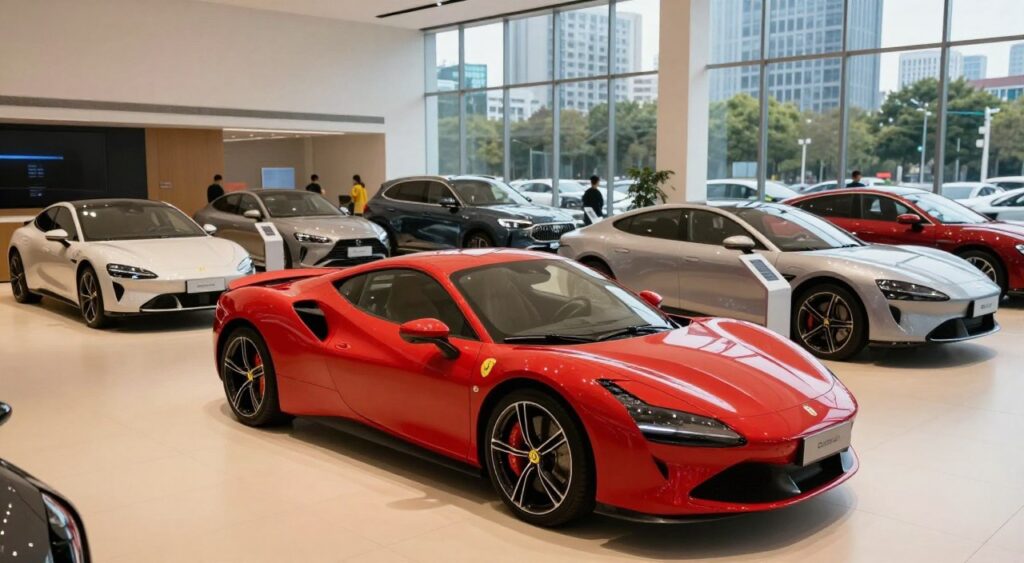 A dynamic scene featuring a variety of sleek, modern car models displayed in a stylish automotive showroom. In the foreground, a bright red sports car glistens under soft, ambient lighting, showcasing its aerodynamic design and polished exterior. The middle ground features a diverse selection of sedans, SUVs, and electric vehicles, each uniquely styled. In the background, large glass windows reveal a bustling cityscape, symbolizing innovation and modernity. The atmosphere is inviting and professional, with soft reflections on the showroom floor enhancing the cars' details. Use a wide-angle lens to capture the full expanse of the showroom, ensuring vibrant colors and sharp details to emphasize the excitement of car research and selection. The lighting should be bright yet warm, creating a welcoming ambiance.
