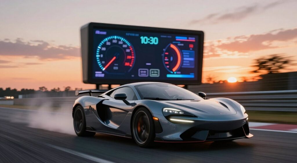 A dynamic scene illustrating the concept of acceleration measurement in the context of car performance. In the foreground, a sleek, modern sports car is positioned on a racetrack, its tires slightly smoking to indicate high speed. The middle ground features a digital dashboard display with prominent speed and acceleration metrics shown in vibrant colors. In the background, blurred motion lines convey speed, with a beautiful sunset casting warm hues across the sky, enhancing the atmosphere of excitement and energy. Use dramatic lighting to highlight the car’s contours, and set the camera angle low, focusing on the front of the vehicle to emphasize power and performance. The mood should be exhilarating, capturing the essence of speed and the physics of acceleration.