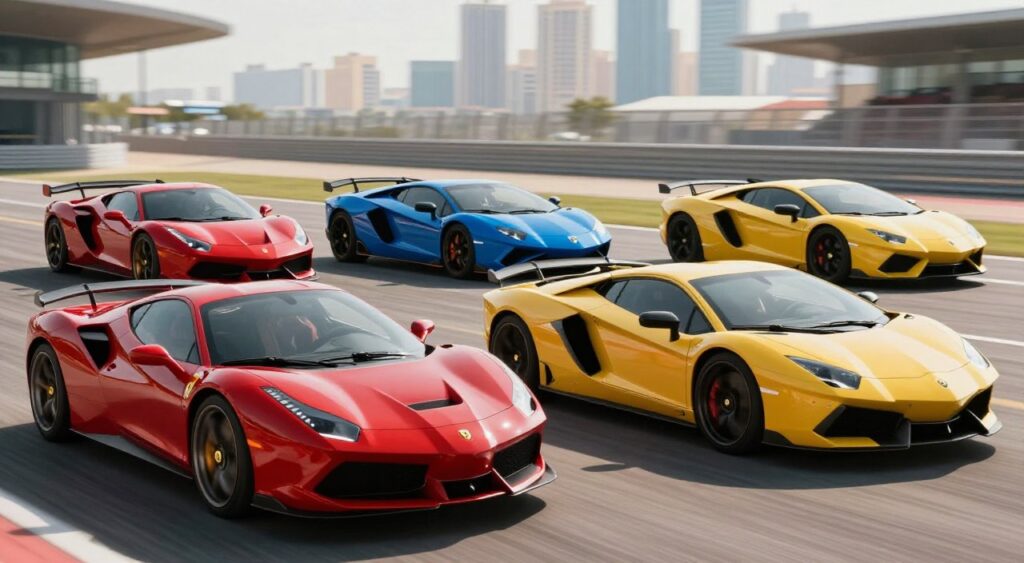 A dynamic scene showcasing a collection of high-performance supercars, including sleek designs from renowned brands like Ferrari, Lamborghini, and McLaren. In the foreground, the vibrant colors of the cars stand out, reflecting sunlight with glossy finishes. The middle layer features the cars positioned artistically on a stylish, modern racetrack, emphasizing their aerodynamic shapes and aggressive stances. The background reveals a blurred skyline of a sophisticated city, signifying luxury and adventure. The lighting is bright and vivid, with soft shadows enhancing the curves of the vehicles. Use a low-angle perspective to amplify the sense of speed and power. The overall mood is exhilarating and aspirational, capturing the essence of sports car culture and competition.